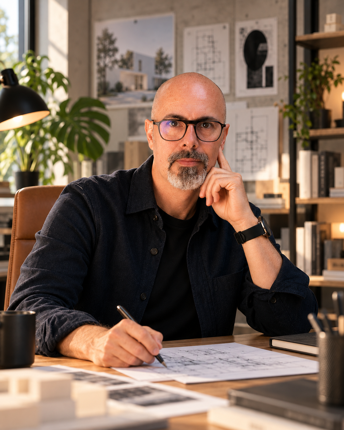 Portrait de Thierry Lajzerowicz à sa table de travail, dans un studio de conception